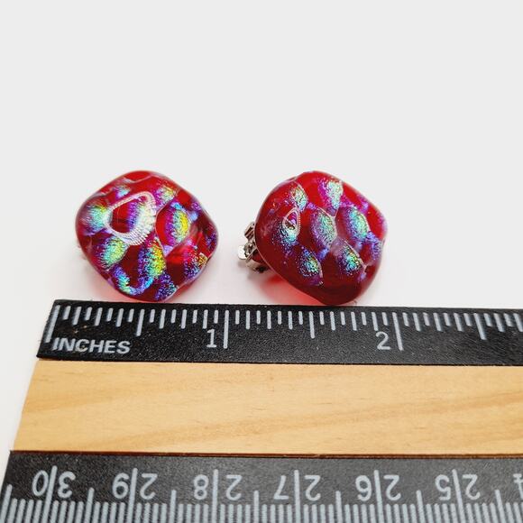 Artisan Iridescent Red Dichroic Glass Clip On Earrings Handmade Vintage Style - Picture 8 of 9